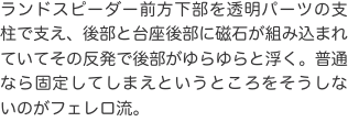 ランドスピーダー前方下部を透明パーツの支柱で支え、後部と台座後部に磁石が組み込まれていてその反発で後部がゆらゆらと浮く。普通な
