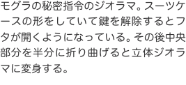 モグラの秘密指令のジオラマ。スーツケースの形をしていて鍵を解除するとフタが開くようになっている。その後中央部分を半分に折り曲げ