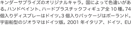 キンダーサプライズのオリジナルキャラ。国によって色違いがある。ハンドペイント、ハードプラスチックフィギュア全10種。74個入り