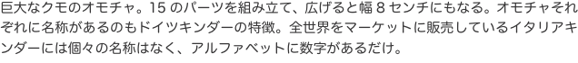 巨大なクモのオモチャ。15のパーツを組み立て、広げると幅8センチにもなる。オモチャそれぞれに名称があるのもドイツキンダーの特徴