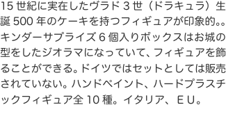 15世紀に実在したヴラド3世（ドラキュラ）生誕500年のケーキを持つフィギュアが印象的。。キンダーサプライズ6個入りボックスは