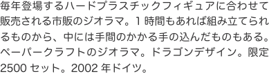 毎年登場するハードプラスチックフィギュアに合わせて販売される市販のジオラマ。1時間もあれば組み立てられるものから、中には手間の