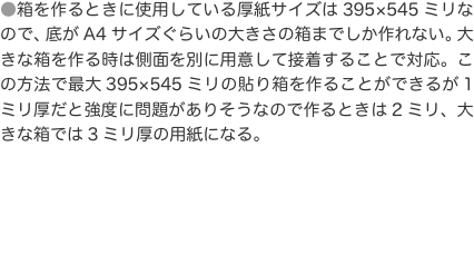 ●箱を作るときに使用している厚紙サイズは395×545ミリなので、底がA4サイズぐらいの大きさの箱までしか作れない。大きな箱を