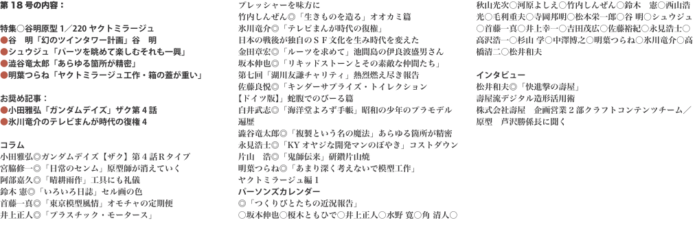 第18号の内容：  特集○谷明原型1／220ヤクトミラージュ ●谷　明「幻のツインタワー計画」谷　明 ●シュウジュ「パーツを眺