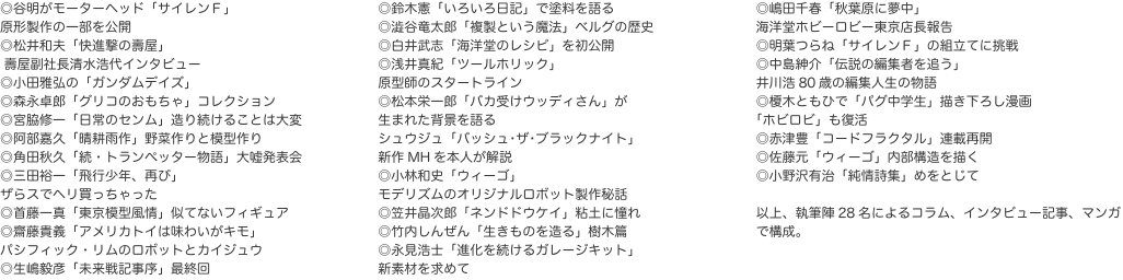 ◎谷明がモーターヘッド「サイレンＦ」 原形製作の一部を公開 ◎松井和夫「快進撃の壽屋」  壽屋副社長清水浩代インタビュー ◎小