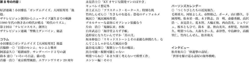 第8号の内容：  好評連載！小田雅弘「ガンダムデイズ」大河原邦男「後篇」 ザテレビジョン創刊からニュータイプ誕生までの軌跡 1