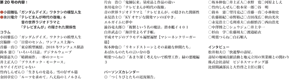 第20号の内容：　  ●小田雅弘「ガンダムデイズ」ワタクシの模型人生 ●氷川竜介「テレビまんが時代の復権」6 　　　　　　音の